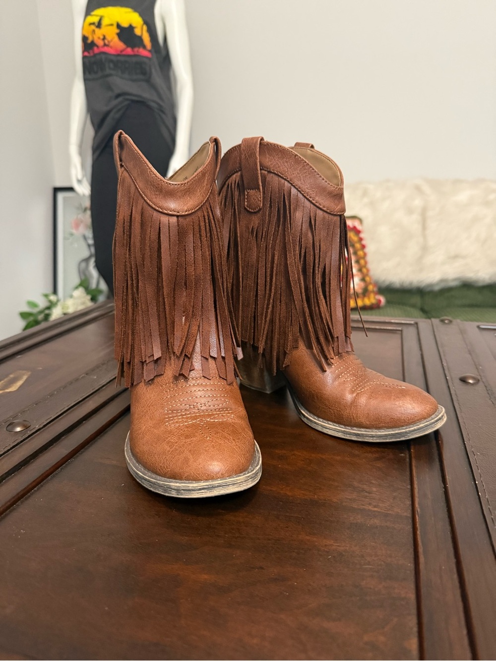 Jelly Pop Fringe Cowboy Boots Heeled Booties Brown Size 6.5
